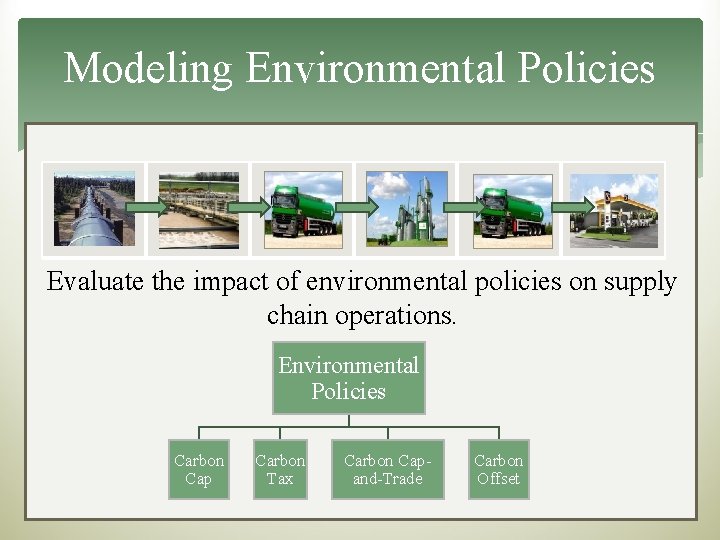 Modeling Environmental Policies Evaluate the impact of environmental policies on supply chain operations. Environmental