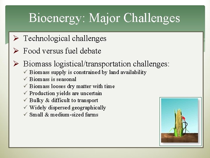 Bioenergy: Major Challenges Ø Technological challenges Ø Food versus fuel debate Ø Biomass logistical/transportation