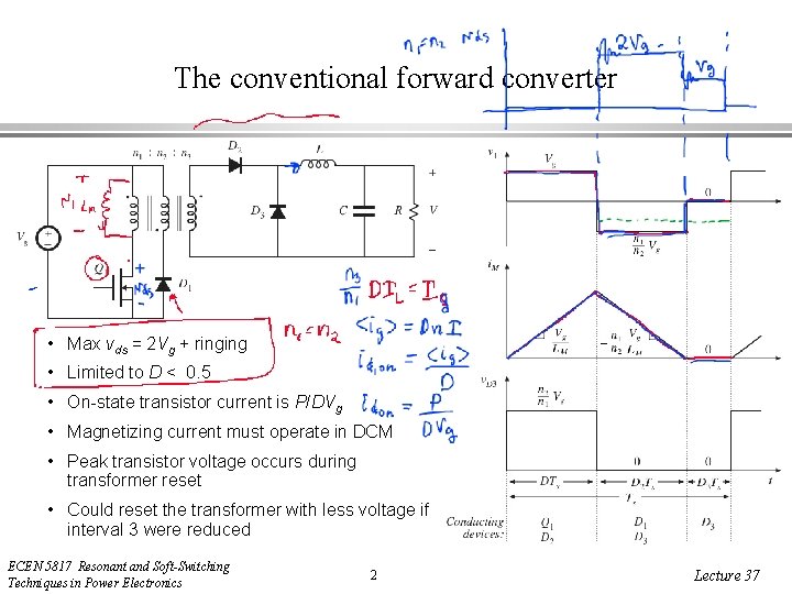 The conventional forward converter • Max vds = 2 Vg + ringing • Limited