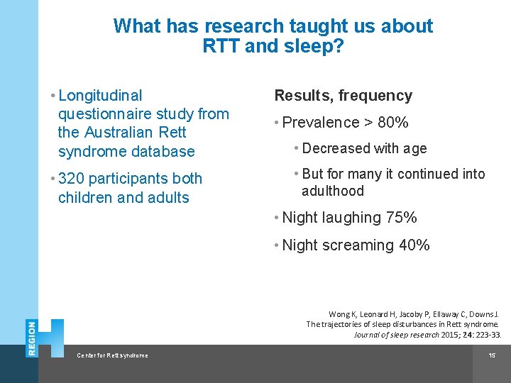 What has research taught us about RTT and sleep? • Longitudinal questionnaire study from