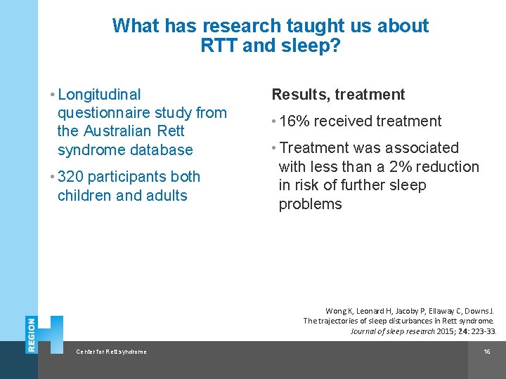 What has research taught us about RTT and sleep? • Longitudinal questionnaire study from