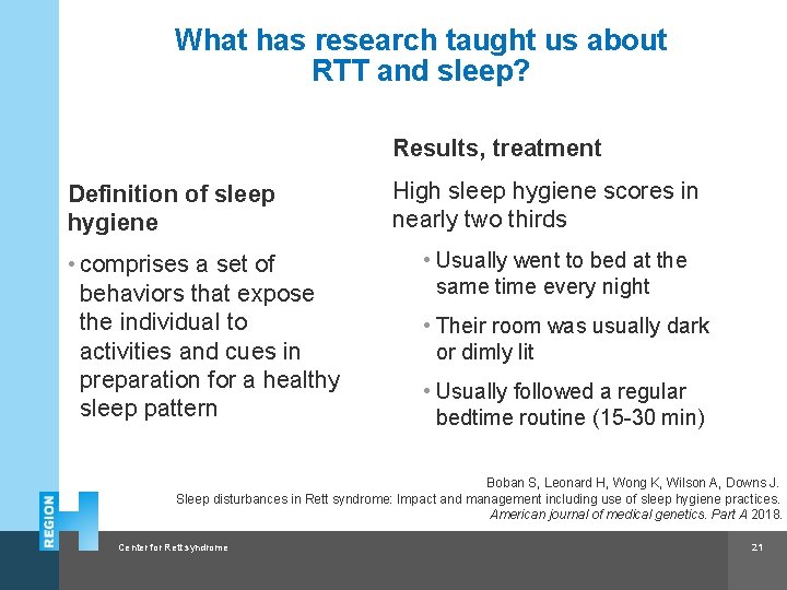 What has research taught us about RTT and sleep? Results, treatment Definition of sleep