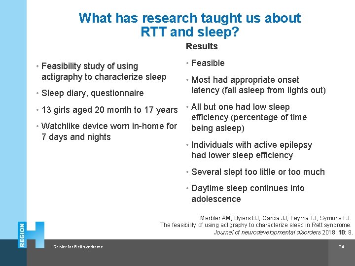 What has research taught us about RTT and sleep? Results • Feasibility study of