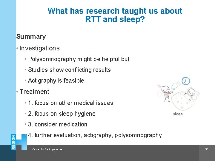 What has research taught us about RTT and sleep? Summary • Investigations • Polysomnography