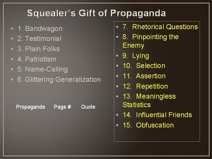 Squealer’s Gift of Propaganda • • • 1. Bandwagon 2. Testimonial 3. Plain Folks