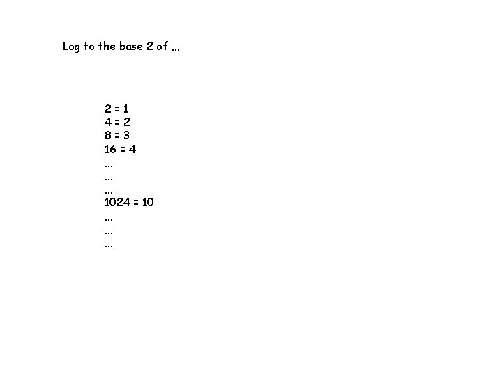 Log to the base 2 of … 2=1 4=2 8=3 16 = 4 …