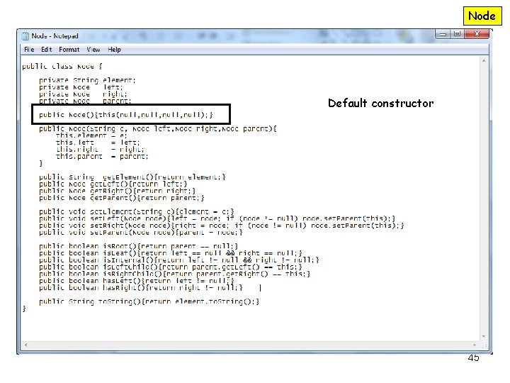 Node Default constructor 45 
