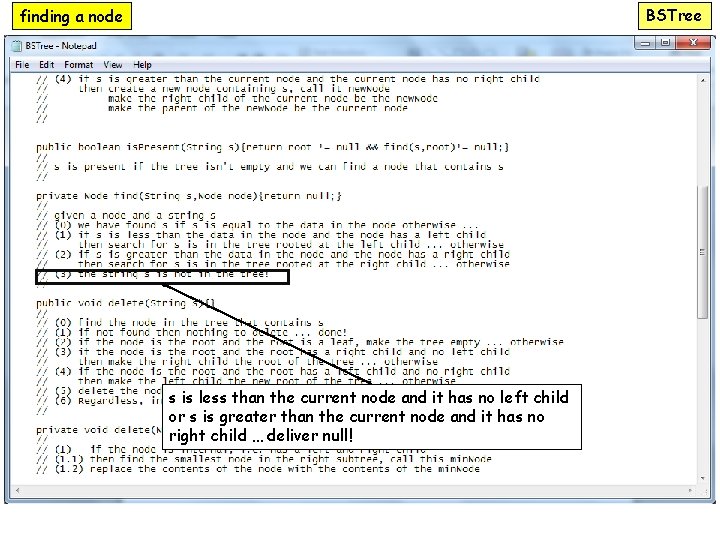 BSTree finding a node s is less than the current node and it has