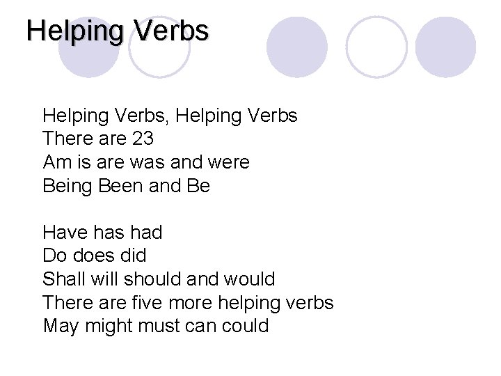 Helping Verbs, Helping Verbs There are 23 Am is are was and were Being