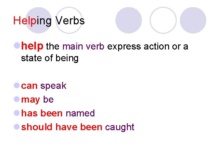 Helping Verbs lhelp the main verb express action or a state of being l