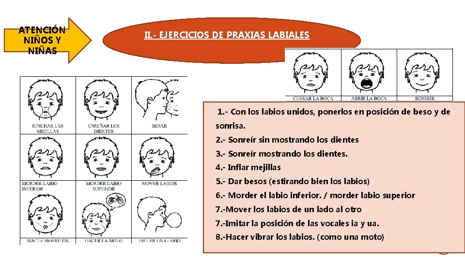 ATENCIÓN NIÑOS Y NIÑAS II. - EJERCICIOS DE PRAXIAS LABIALES 1. - Con los