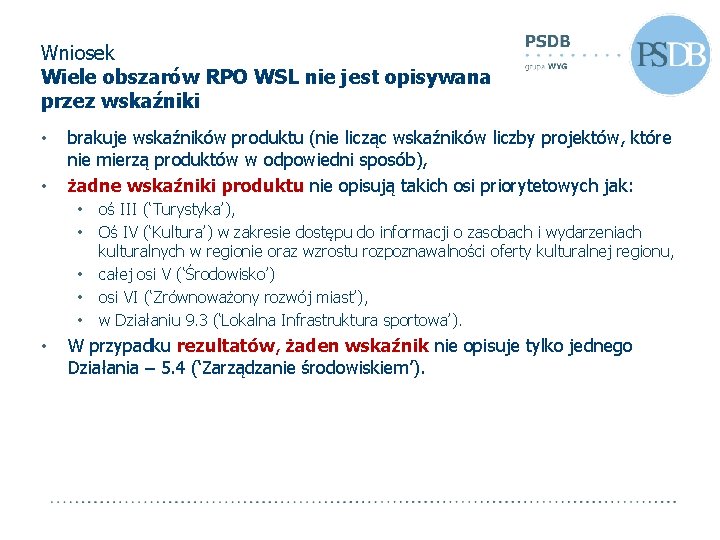 Wniosek Wiele obszarów RPO WSL nie jest opisywana przez wskaźniki • • brakuje wskaźników