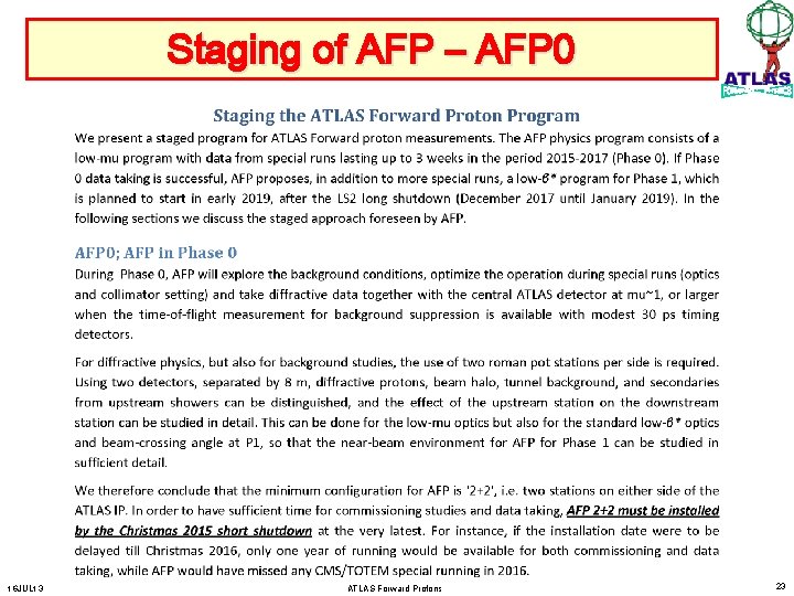Staging of AFP – AFP 0 16 JUL 13 ATLAS Forward Protons 23 