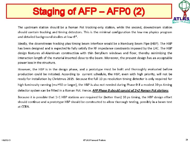 Staging of AFP – AFP 0 (2) 16 JUL 13 ATLAS Forward Protons 24