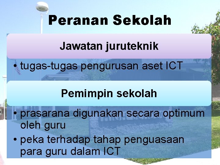 Peranan Sekolah Jawatan juruteknik • tugas-tugas pengurusan aset ICT Pemimpin sekolah • prasarana digunakan