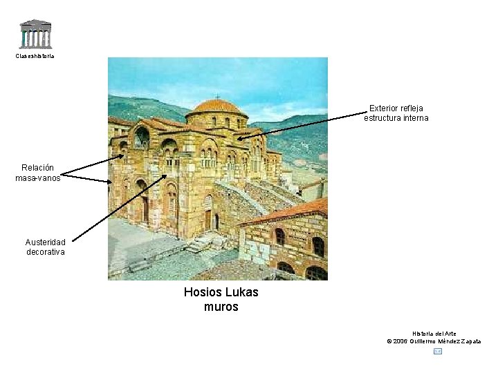 Claseshistoria Exterior refleja estructura interna Relación masa-vanos Austeridad decorativa Hosios Lukas muros Historia del