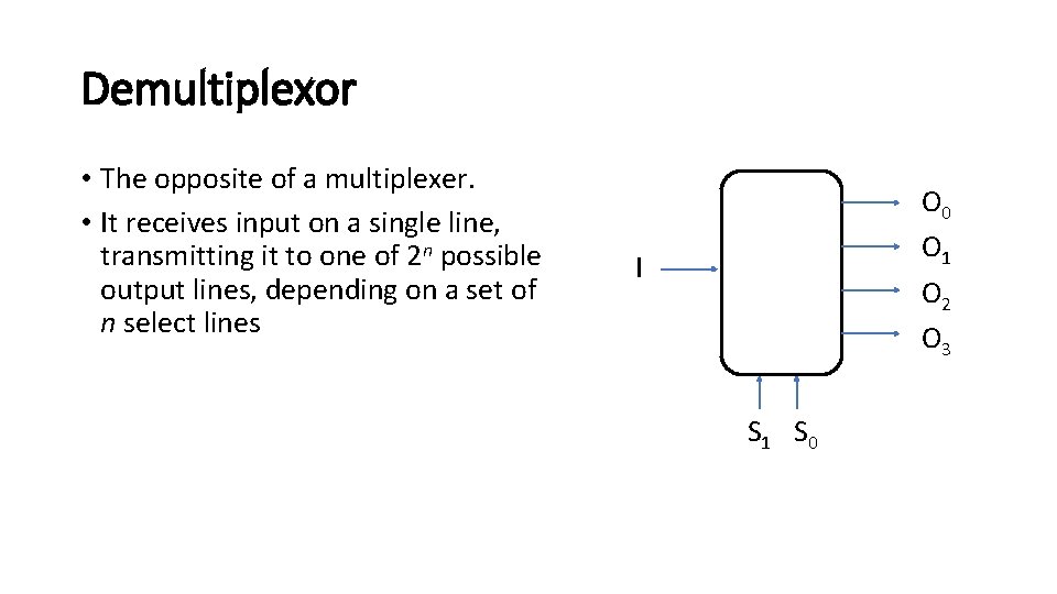 Demultiplexor • The opposite of a multiplexer. • It receives input on a single