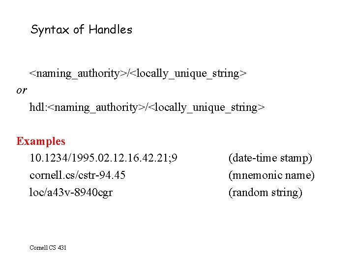 Syntax of Handles <naming_authority>/<locally_unique_string> or hdl: <naming_authority>/<locally_unique_string> Examples 10. 1234/1995. 02. 16. 42. 21;