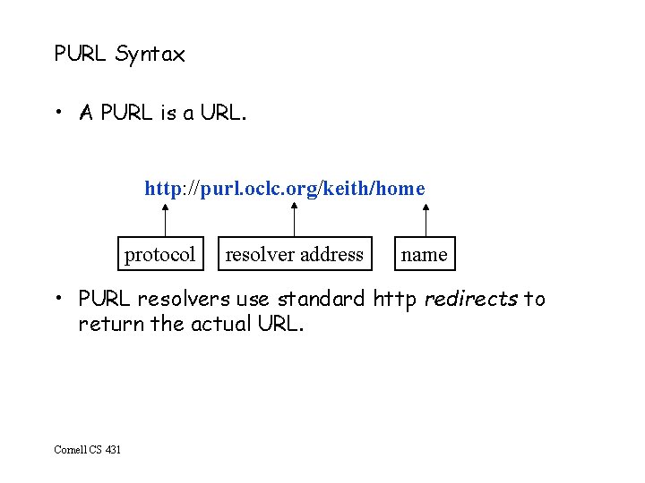 PURL Syntax • A PURL is a URL. http: //purl. oclc. org/keith/home protocol resolver