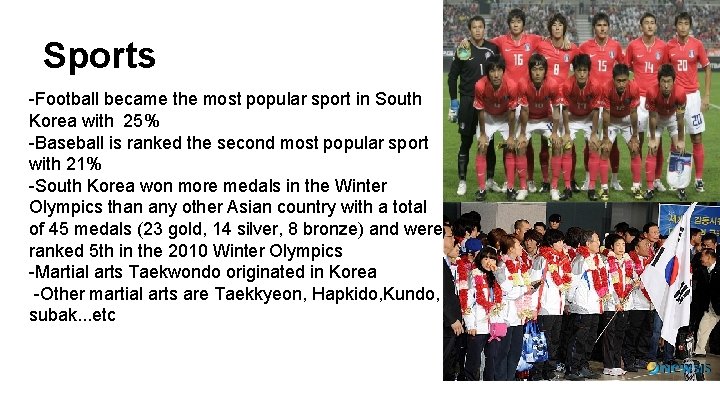 Sports -Football became the most popular sport in South Korea with 25% -Baseball is