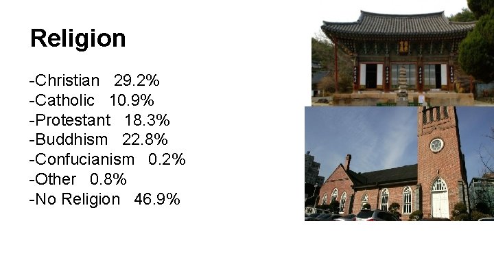 Religion -Christian 29. 2% -Catholic 10. 9% -Protestant 18. 3% -Buddhism 22. 8% -Confucianism
