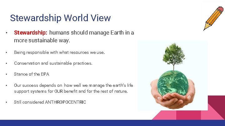 Stewardship World View • Stewardship: humans should manage Earth in a more sustainable way.