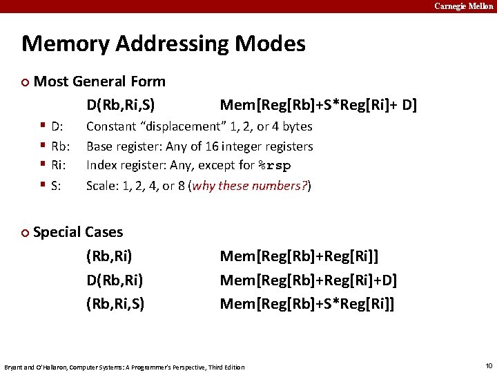 Carnegie Mellon Memory Addressing Modes ¢ Most General Form D(Rb, Ri, S) § §