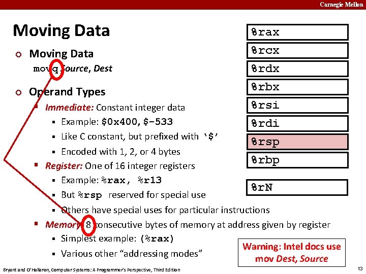 Carnegie Mellon Moving Data ¢ Moving Data movq Source, Dest ¢ Operand Types §