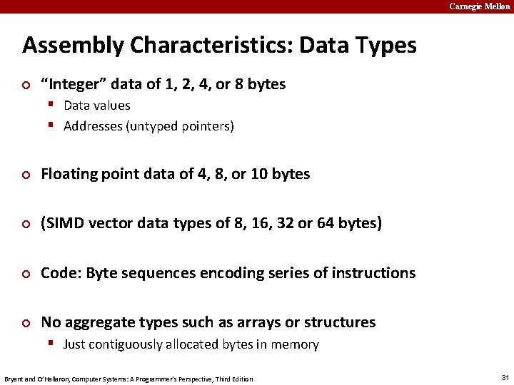 Carnegie Mellon Assembly Characteristics: Data Types ¢ “Integer” data of 1, 2, 4, or