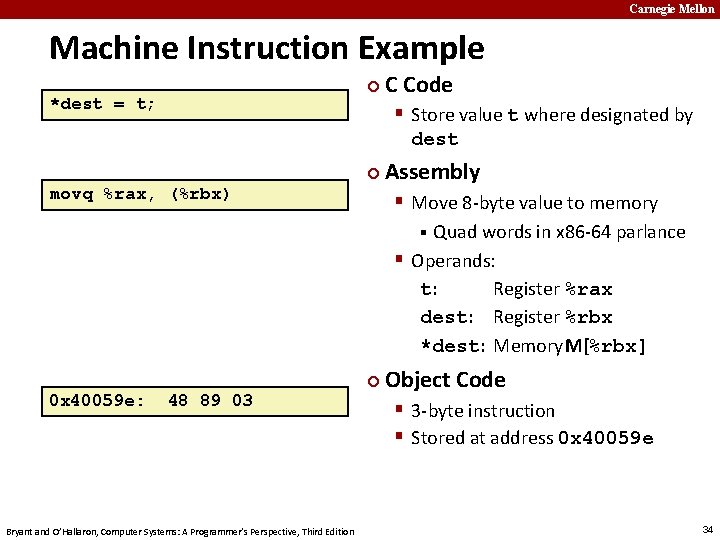 Carnegie Mellon Machine Instruction Example ¢ *dest = t; C Code § Store value