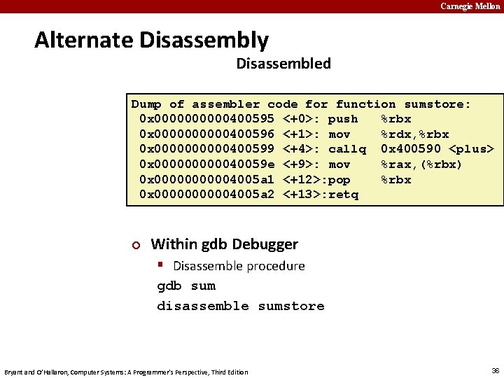 Carnegie Mellon Alternate Disassembly Disassembled Dump of assembler code for function sumstore: 0 x