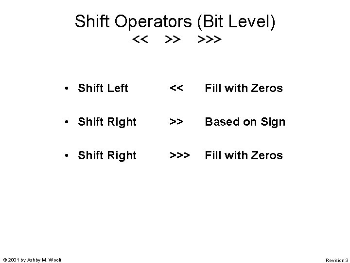 Shift Operators (Bit Level) << © 2001 by Ashby M. Woolf >> >>> • Shift Operators (Bit Level) << © 2001 by Ashby M. Woolf >> >>> •