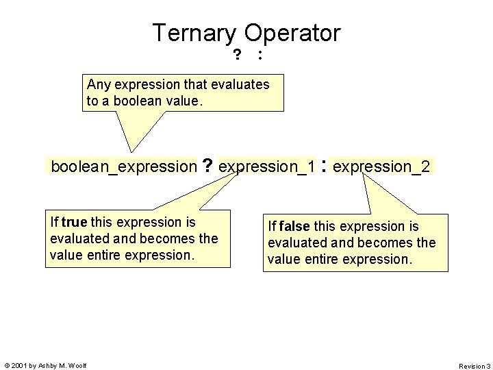 Ternary Operator ? : Any expression that evaluates to a boolean value. boolean_expression ? Ternary Operator ? : Any expression that evaluates to a boolean value. boolean_expression ?