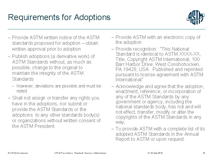 Requirements for Adoptions Provide ASTM written notice of the ASTM standards proposed for adoption