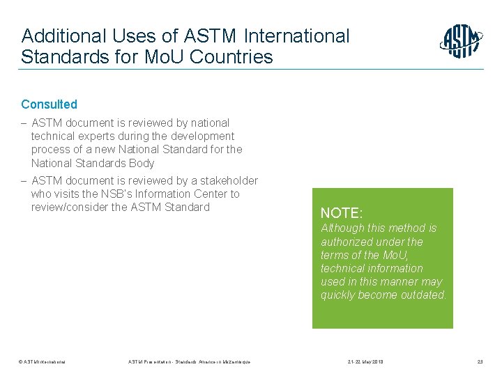 Additional Uses of ASTM International Standards for Mo. U Countries Consulted ASTM document is