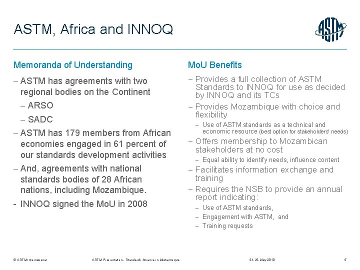ASTM, Africa and INNOQ Memoranda of Understanding Mo. U Benefits ASTM has agreements with