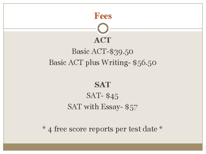 Fees ACT Basic ACT-$39. 50 Basic ACT plus Writing- $56. 50 SAT- $45 SAT