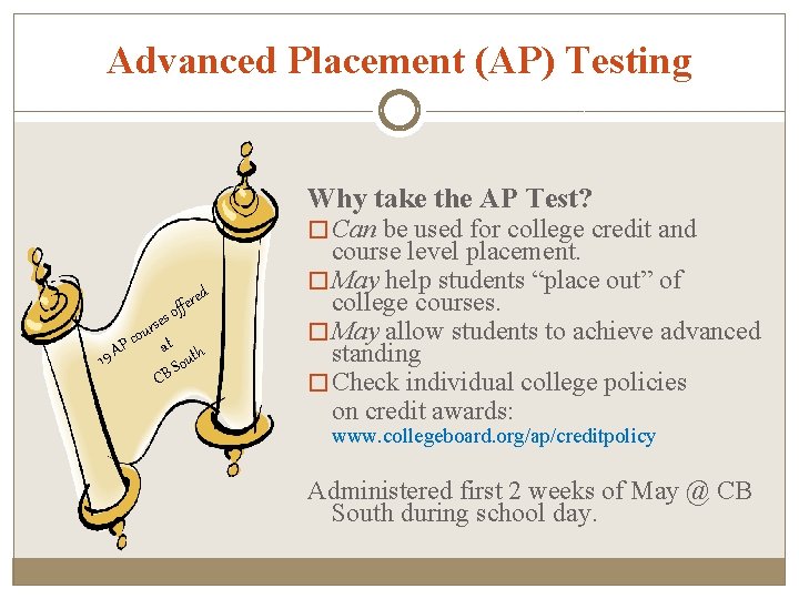 Advanced Placement (AP) Testing Why take the AP Test? � Can be used for