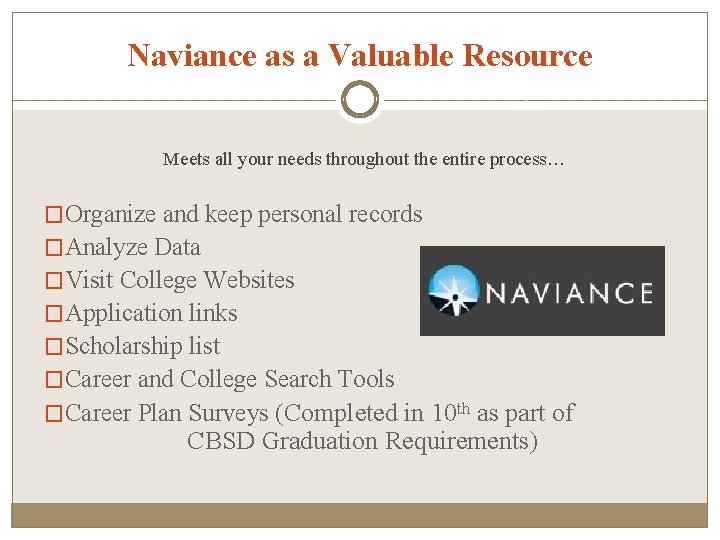 Naviance as a Valuable Resource Meets all your needs throughout the entire process… �Organize