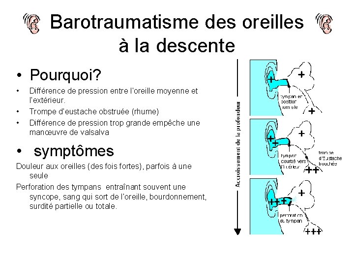 Barotraumatisme des oreilles à la descente • Pourquoi? • • • Différence de pression