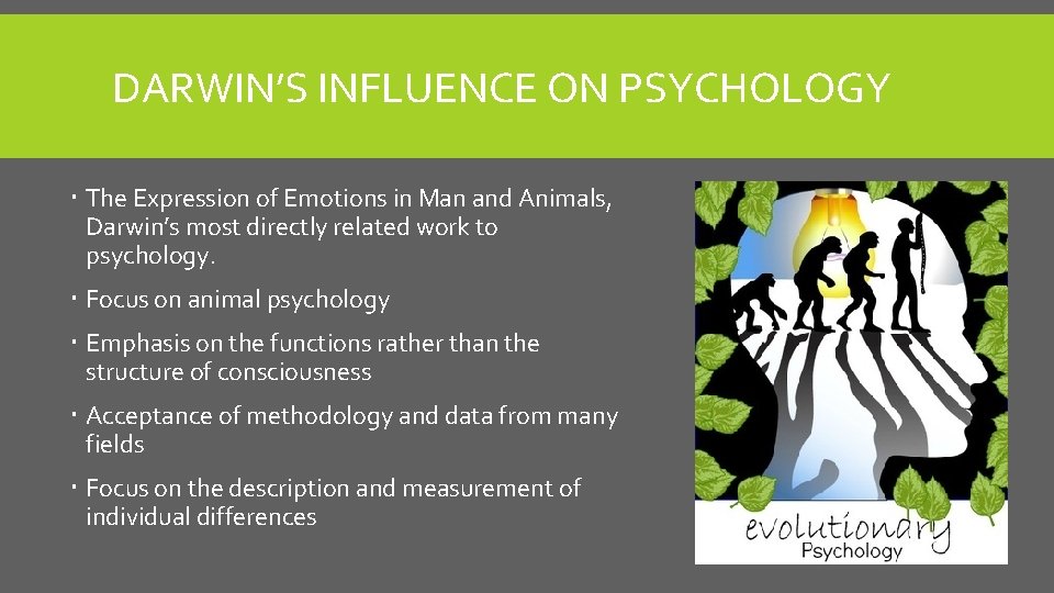 DARWIN’S INFLUENCE ON PSYCHOLOGY The Expression of Emotions in Man and Animals, Darwin’s most
