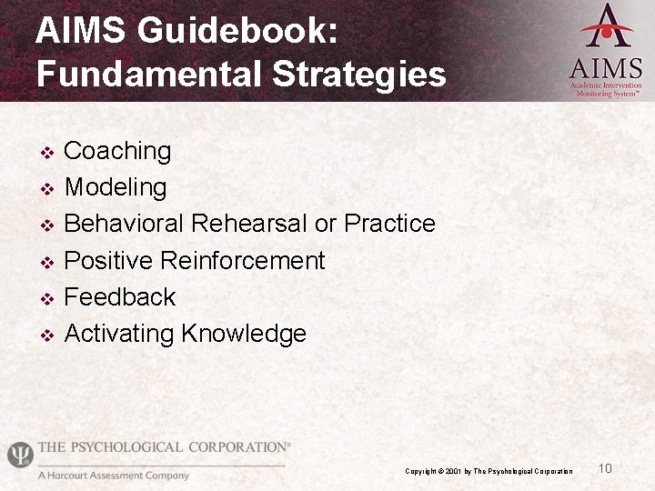 AIMS Guidebook: Fundamental Strategies v v v Coaching Modeling Behavioral Rehearsal or Practice Positive