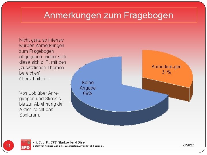 Anmerkungen zum Fragebogen Nicht ganz so intensiv wurden Anmerkungen zum Fragebogen abgegeben, wobei sich