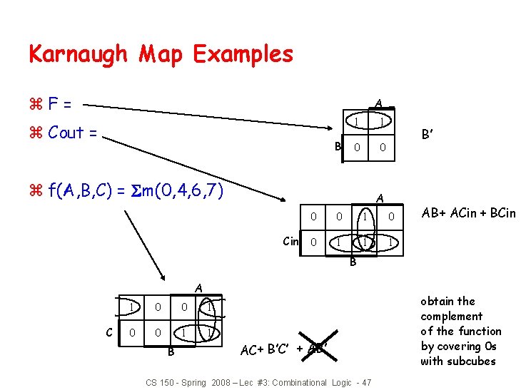 Karnaugh Map Examples z. F= A z Cout = B 1 1 0 0