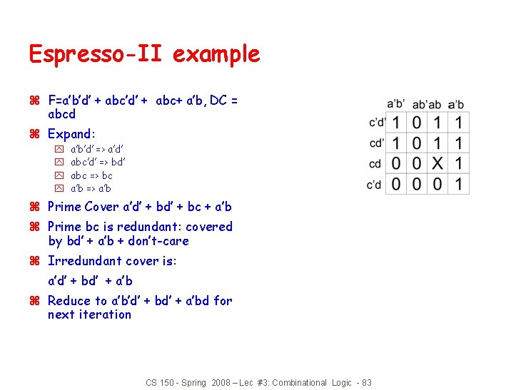 Espresso-II example z F=a’b’d’ + abc+ a’b, DC = abcd z Expand: y y