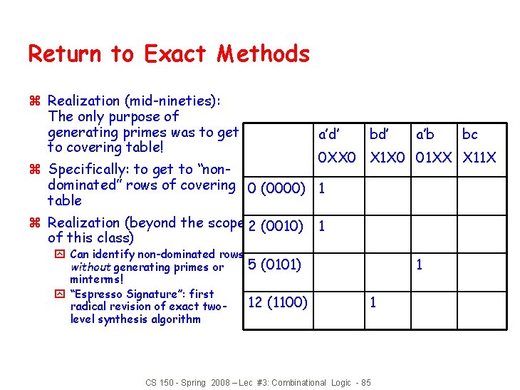 Return to Exact Methods z Realization (mid-nineties): The only purpose of generating primes was