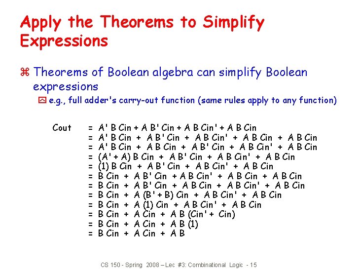 Apply the Theorems to Simplify Expressions z Theorems of Boolean algebra can simplify Boolean