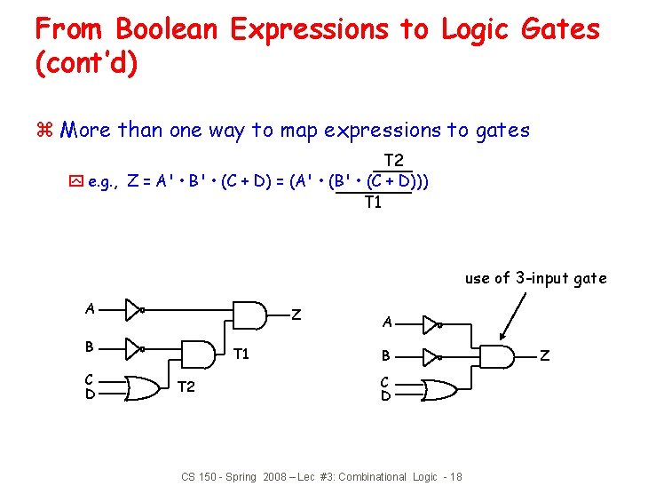 From Boolean Expressions to Logic Gates (cont’d) z More than one way to map