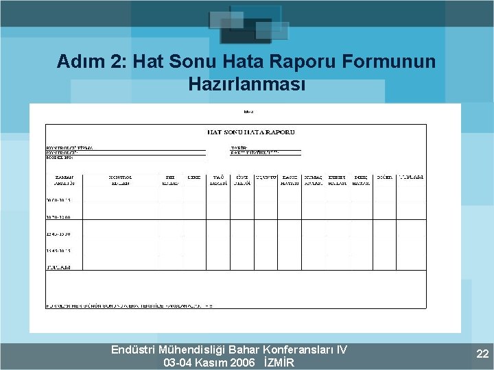 Adım 2: Hat Sonu Hata Raporu Formunun Hazırlanması Endüstri Mühendisliği Bahar Konferansları IV 03