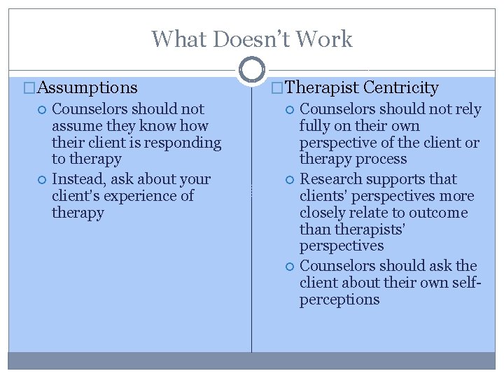 What Doesn’t Work �Assumptions Counselors should not assume they know how their client is